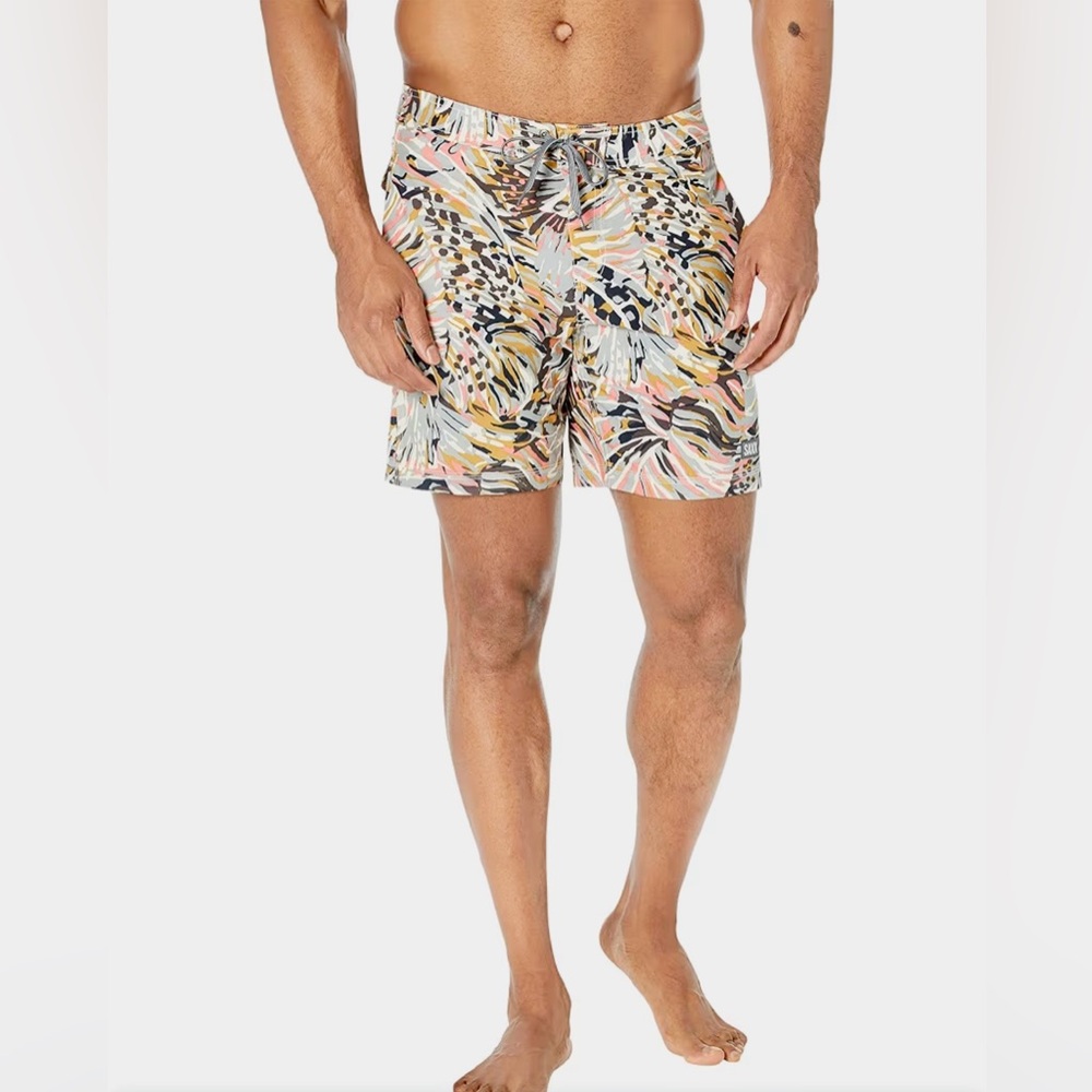 Saxx Men's Tropical Print Swim Trunks in Pink, Yellow, Black